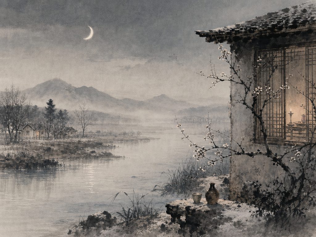 《点绛唇》水墨写意背景插图：清冷孤寂，新月、江、山、梅。