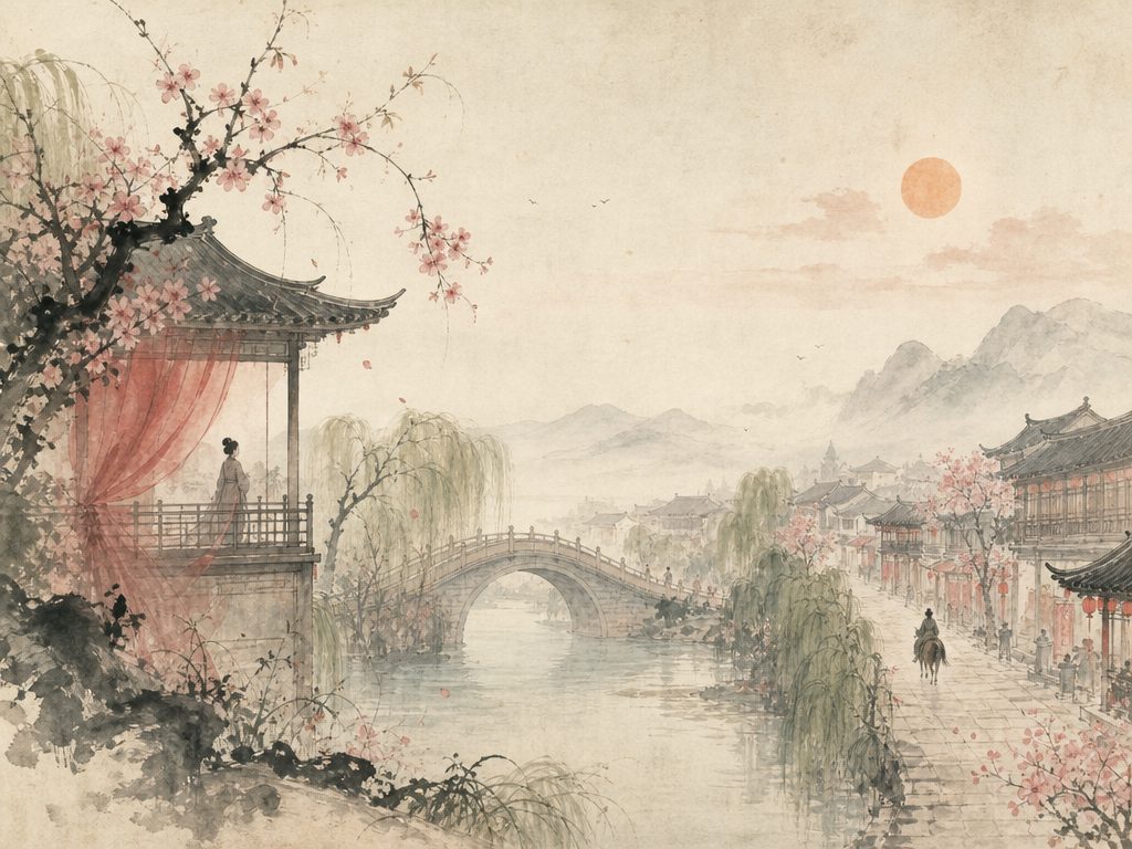 《菩萨蛮》水墨写意背景插图：婉约柔美，桥、香、柳、花。