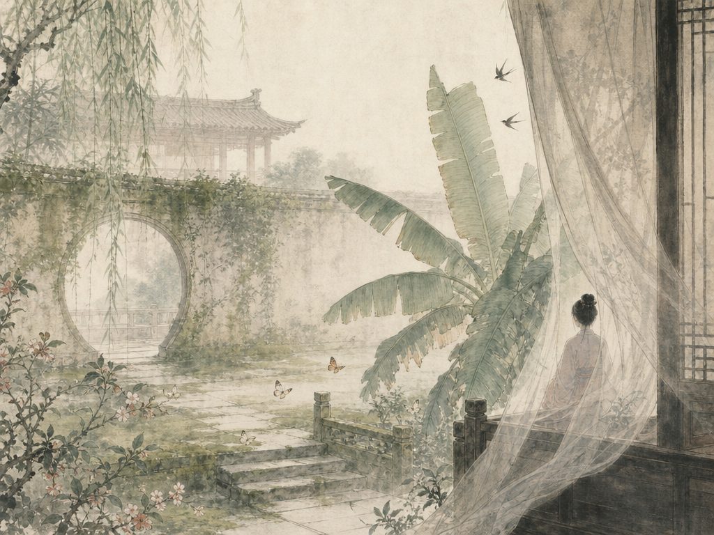《菩萨蛮》水墨写意背景插图：婉约柔美，青苔、院、日、芭蕉。