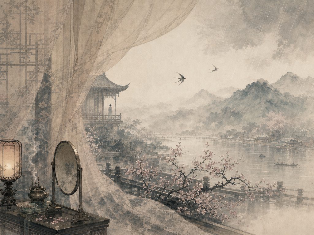 《燕山亭》水墨写意背景插图：闺怨相思，香、宫、风、雨。