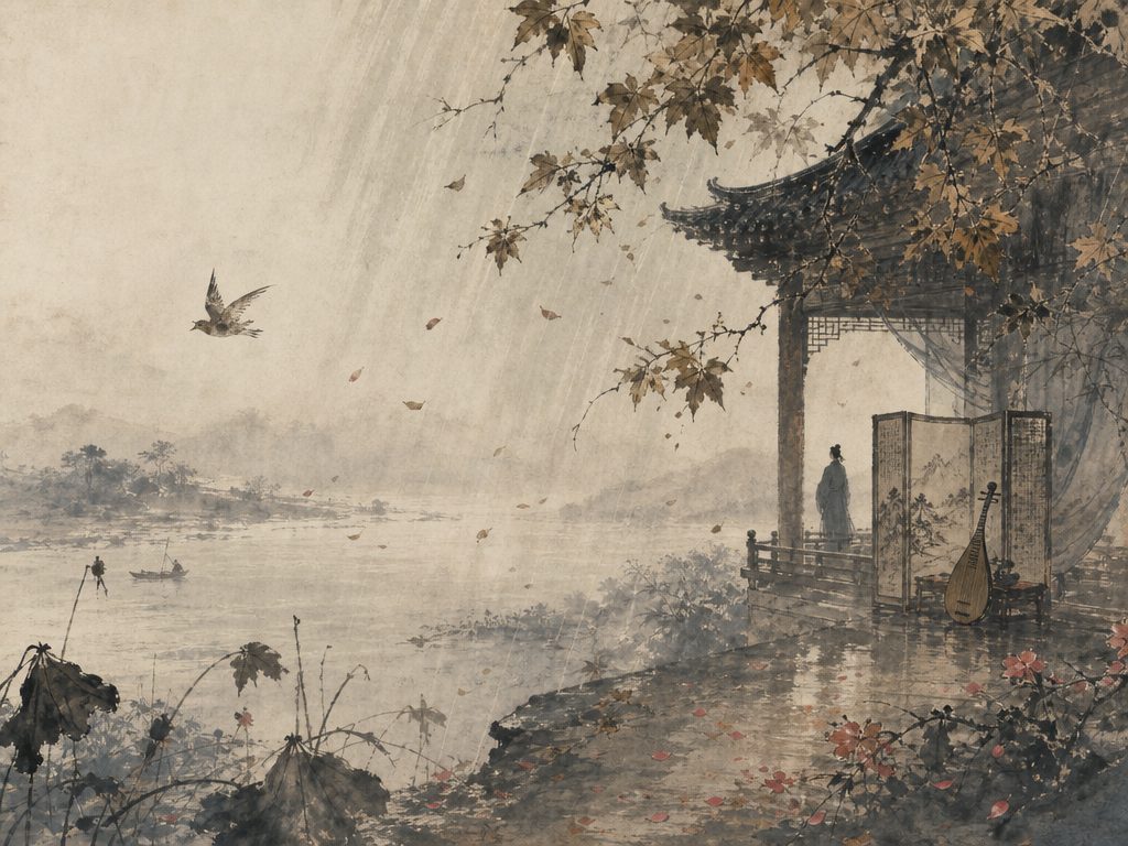 《鹧鸪天》水墨写意背景插图：伤春悲秋，残红、屏、梧桐、雨。