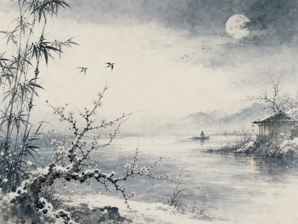《汉宫春》水墨写意背景插图：清冷孤寂，江、梅、竹、雪。