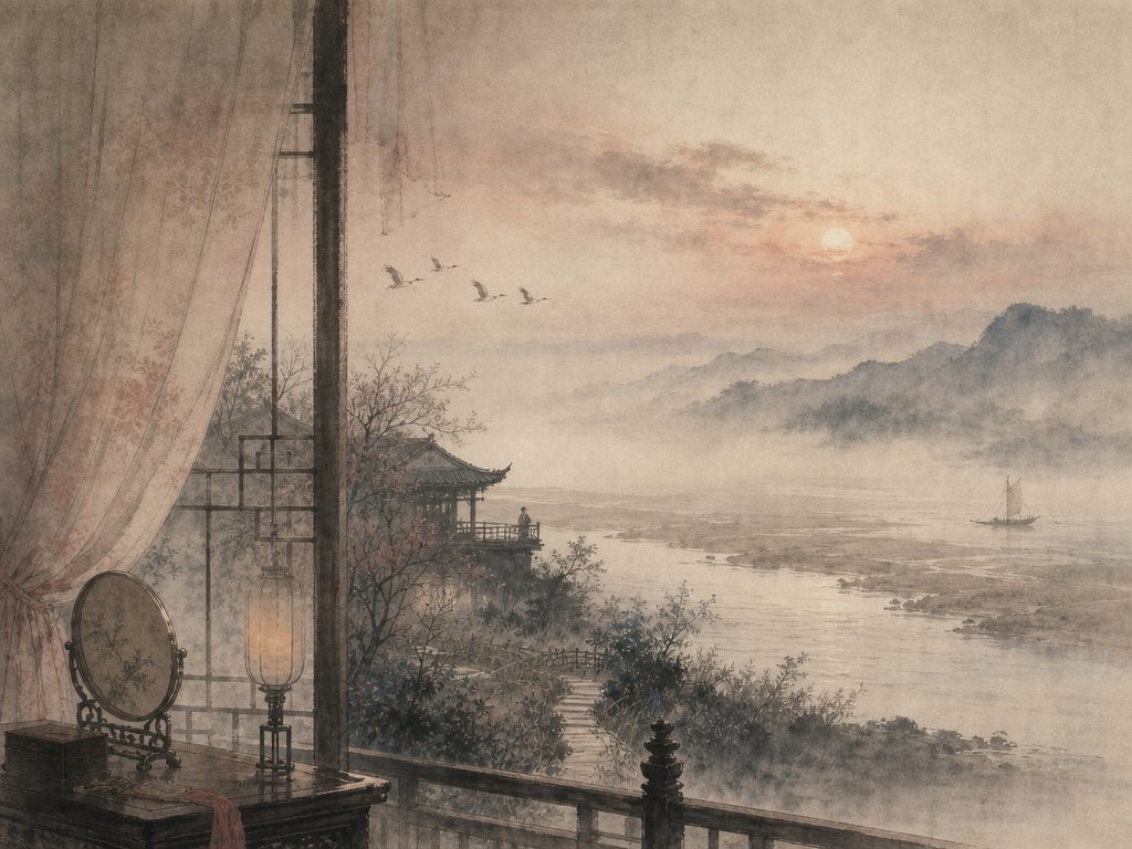 《苏武慢》水墨写意背景插图：闺怨相思，雁、平沙、烟、水。
