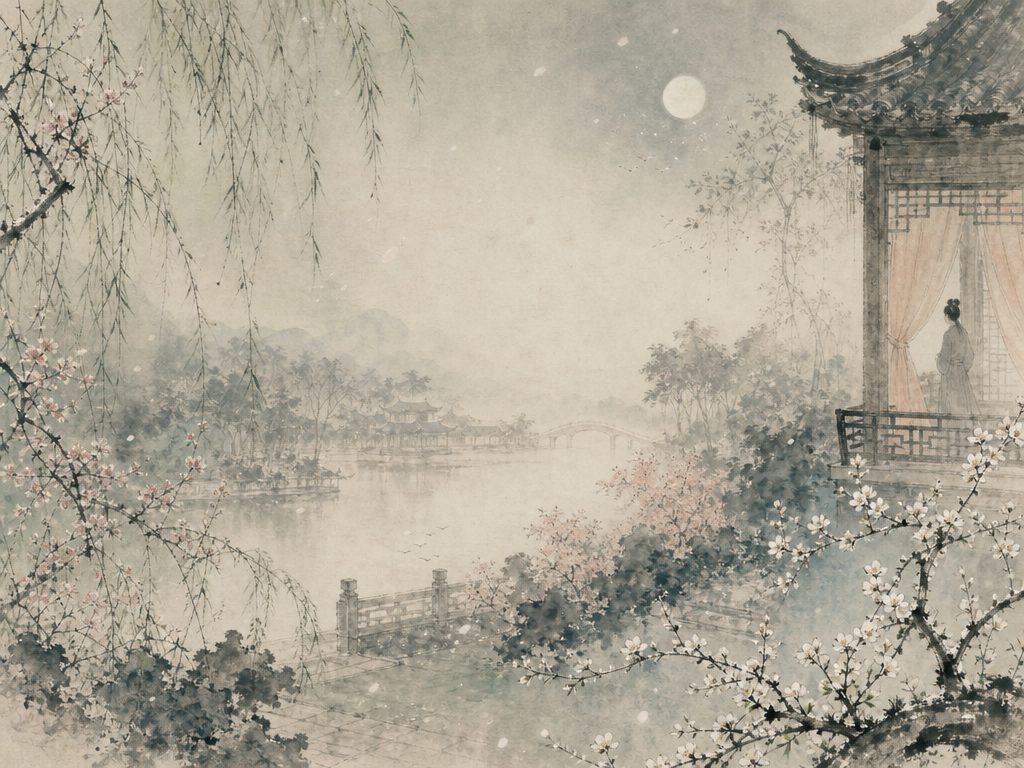 《柳梢青》水墨写意背景插图：婉约柔美，院、东风、海棠、梨花。
