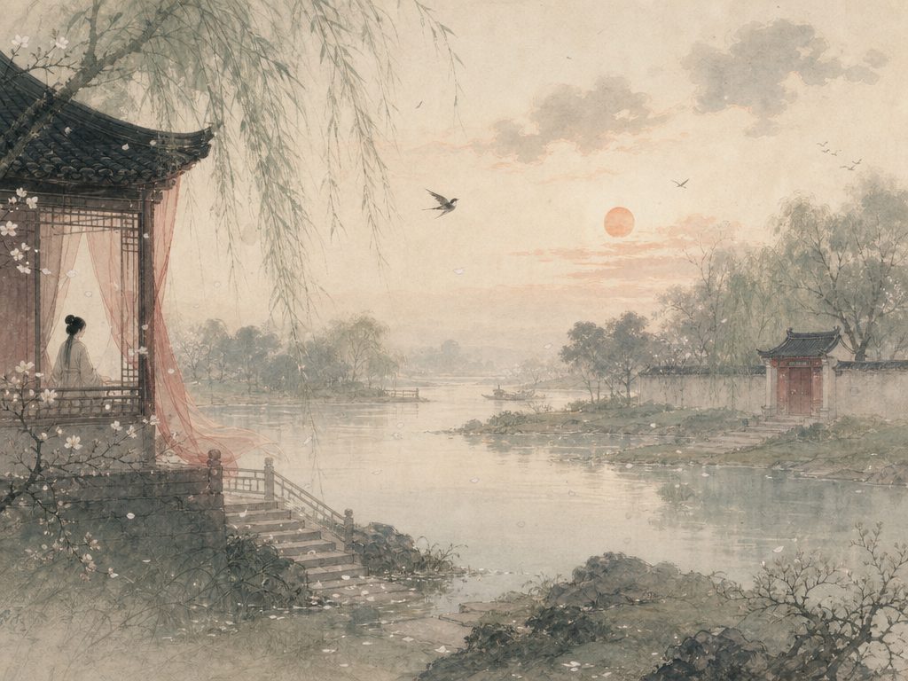 《夏云峰》水墨写意背景插图：婉约柔美，云、溪、水、日。