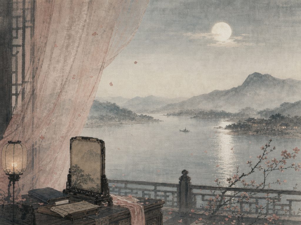 《临江仙》水墨写意背景插图：闺怨相思，书、屏、月明、江。