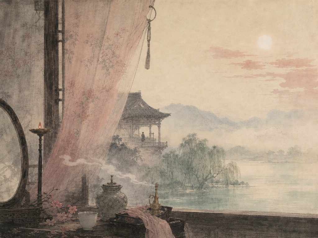 《凤凰台上忆吹箫》水墨写意背景插图：闺怨相思，香、日、帘、酒。
