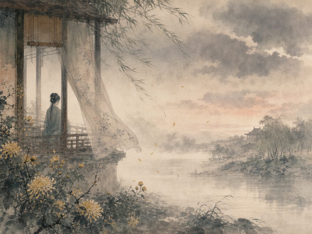 《醉花阴》水墨写意背景插图：婉约柔美，雾、云、黄昏、香。