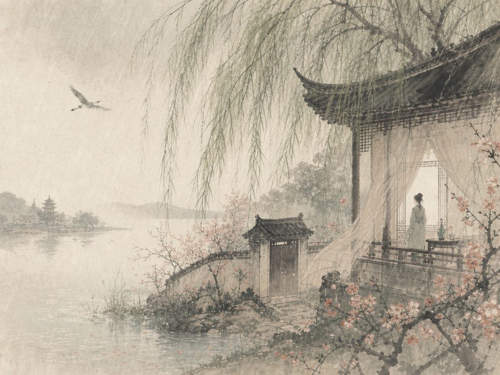 《念奴娇》水墨写意背景插图：婉约柔美，庭院、风、细雨、门。