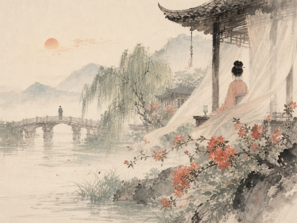 《临江仙》水墨写意背景插图：婉约柔美，日、花、裙、帘。