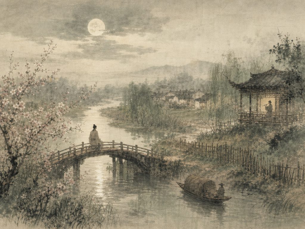 《临江仙》水墨写意背景插图：田园闲远，桥、月、杏花、笛。