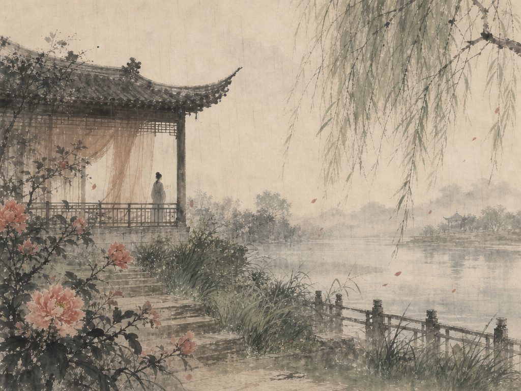 《兰陵王》水墨写意背景插图：婉约柔美，雨、阁、阑干、烟柳。