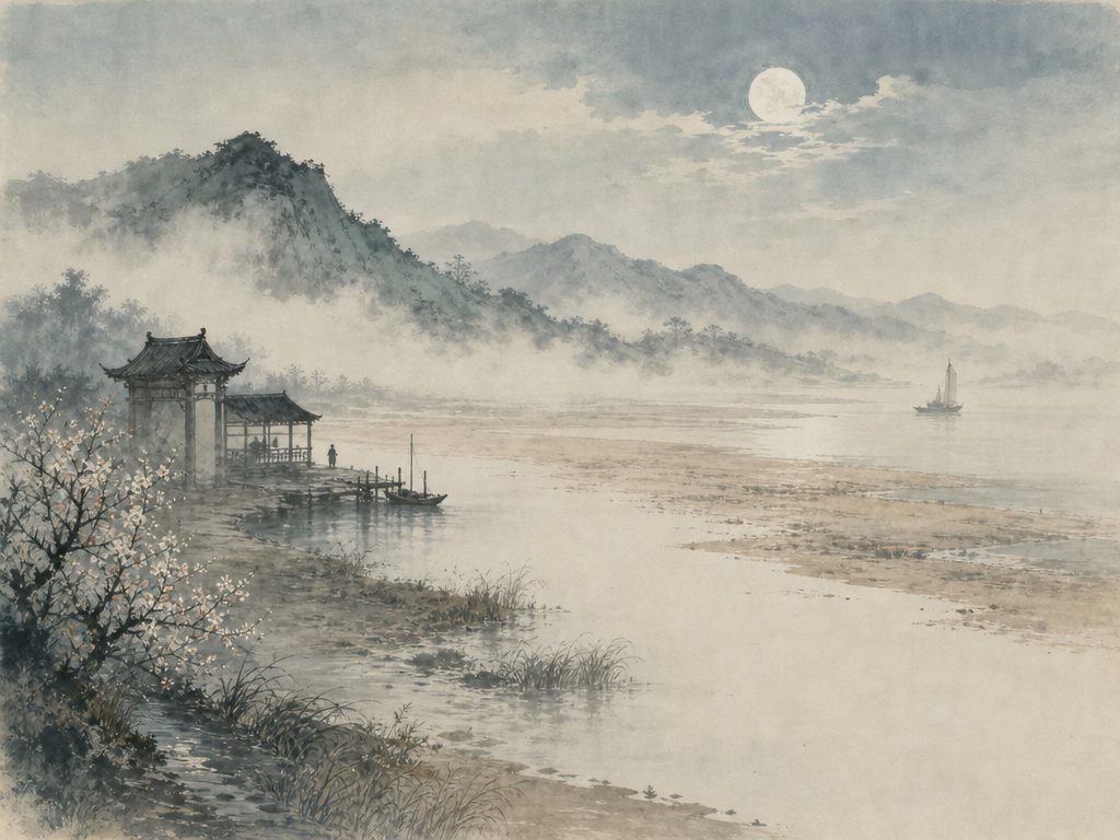 《石州慢》水墨写意背景插图：离愁别绪，水、沙、烟、溪。