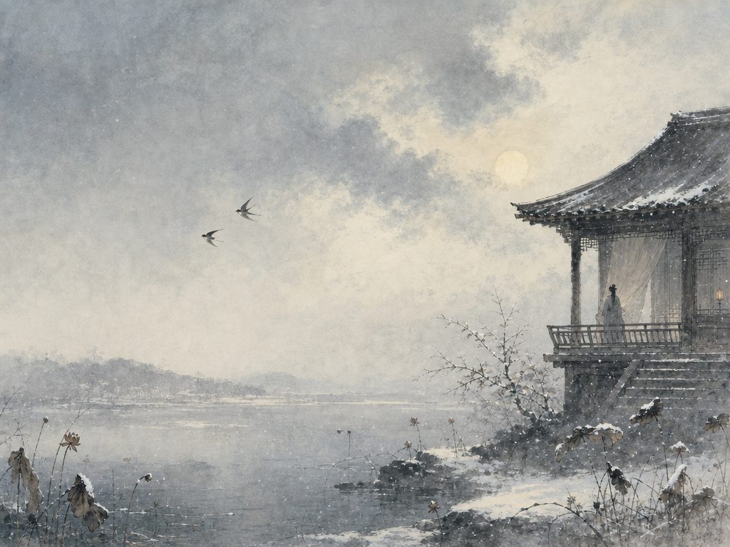 《虞美人》水墨写意背景插图：清冷孤寂，芙蓉、水、日、双燕。