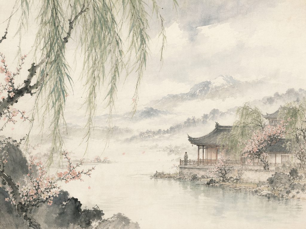 《洞仙歌》水墨写意背景插图：婉约柔美，雪、云、院、杨柳。