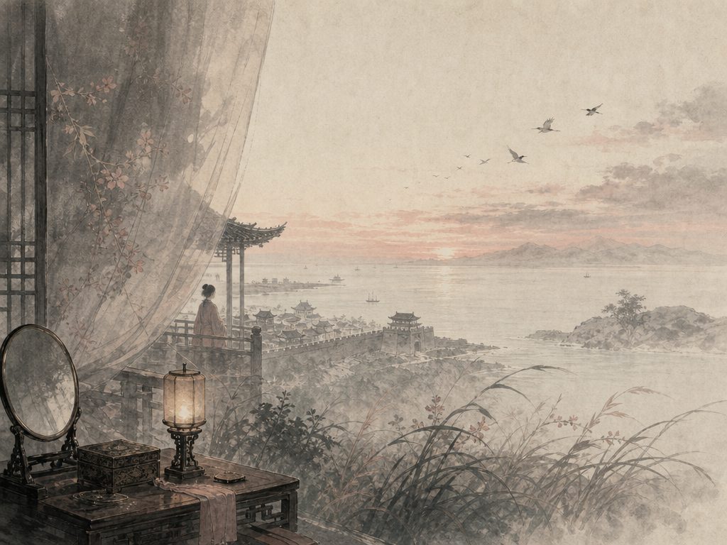 《帝台春》水墨写意背景插图：闺怨相思，芳草、城、海、角。
