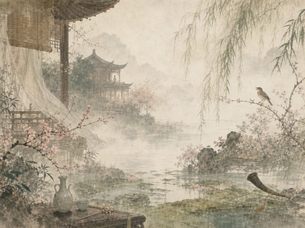 《薄幸》水墨写意背景插图：婉约柔美，楼、莺、花、雾。