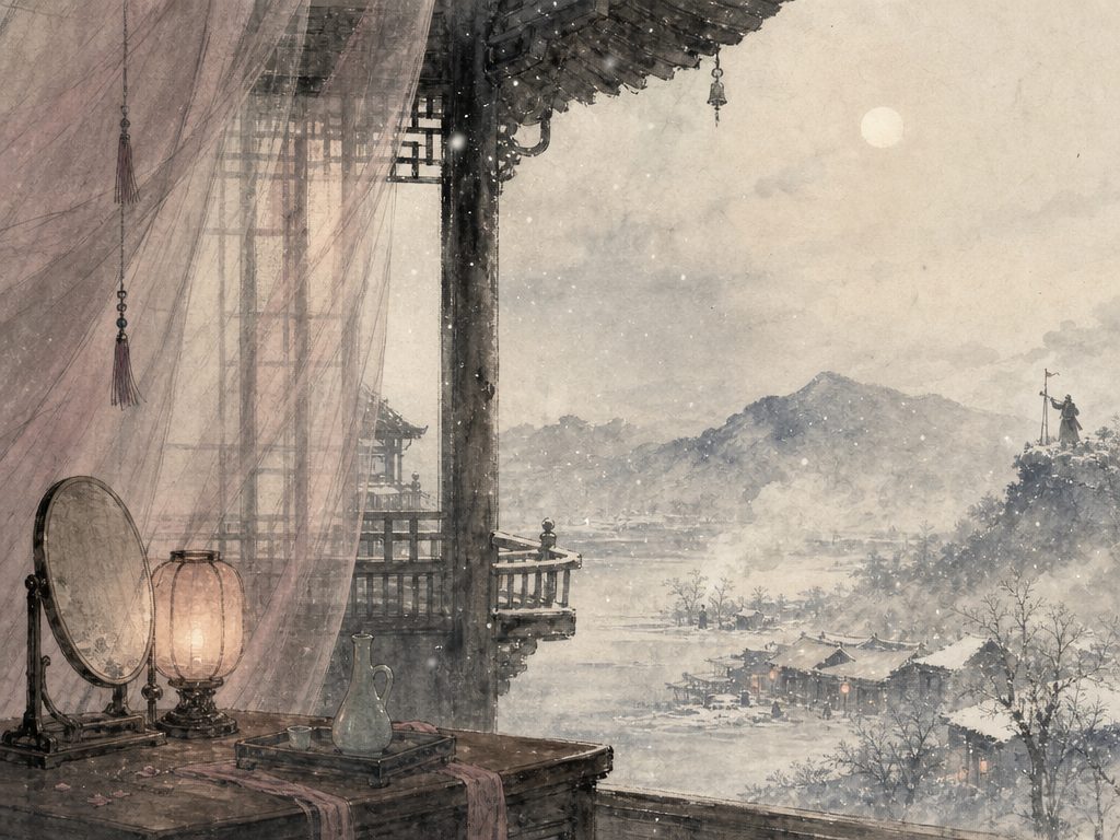 《南浦》水墨写意背景插图：闺怨相思，风、画角、门、飞雪。