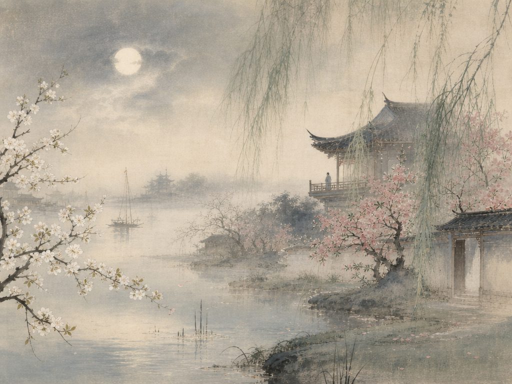 《三台》水墨写意背景插图：婉约柔美，梨花、月、海棠、雨。