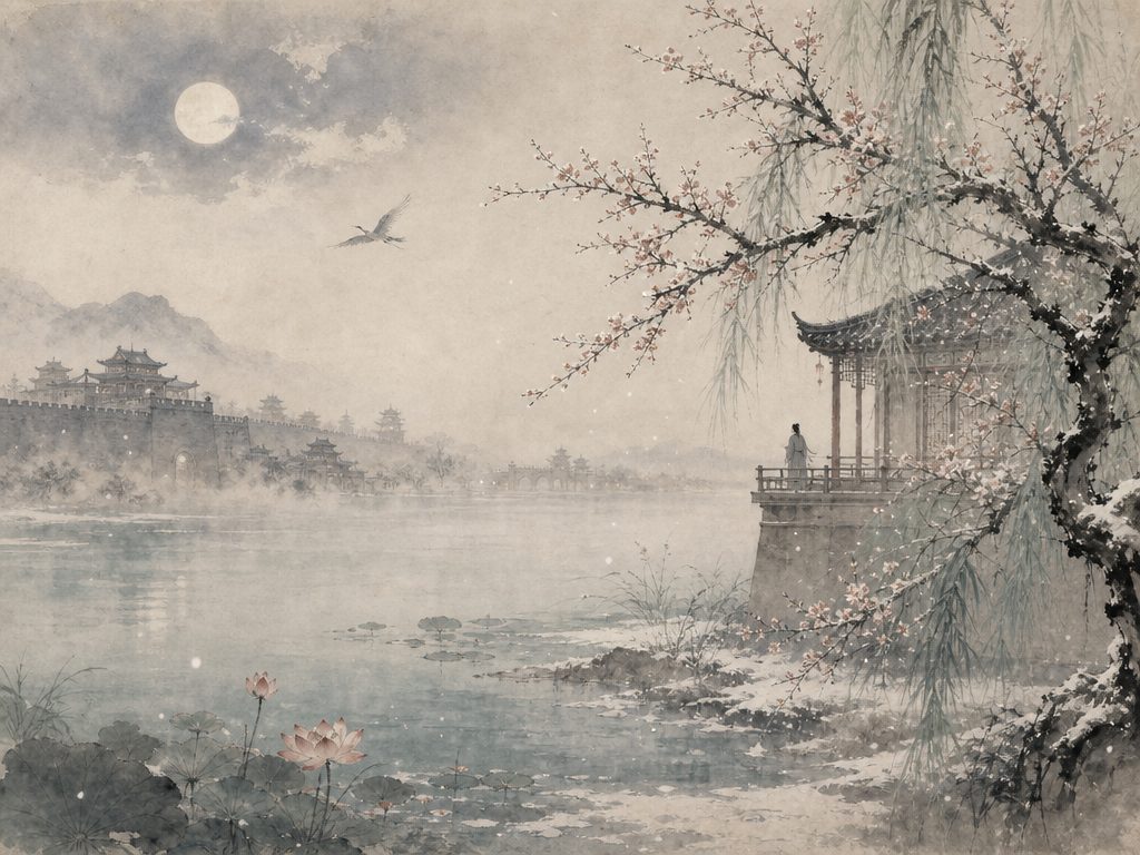 《江神子慢・江城子慢》水墨写意背景插图：婉约柔美，城、江、台、月。