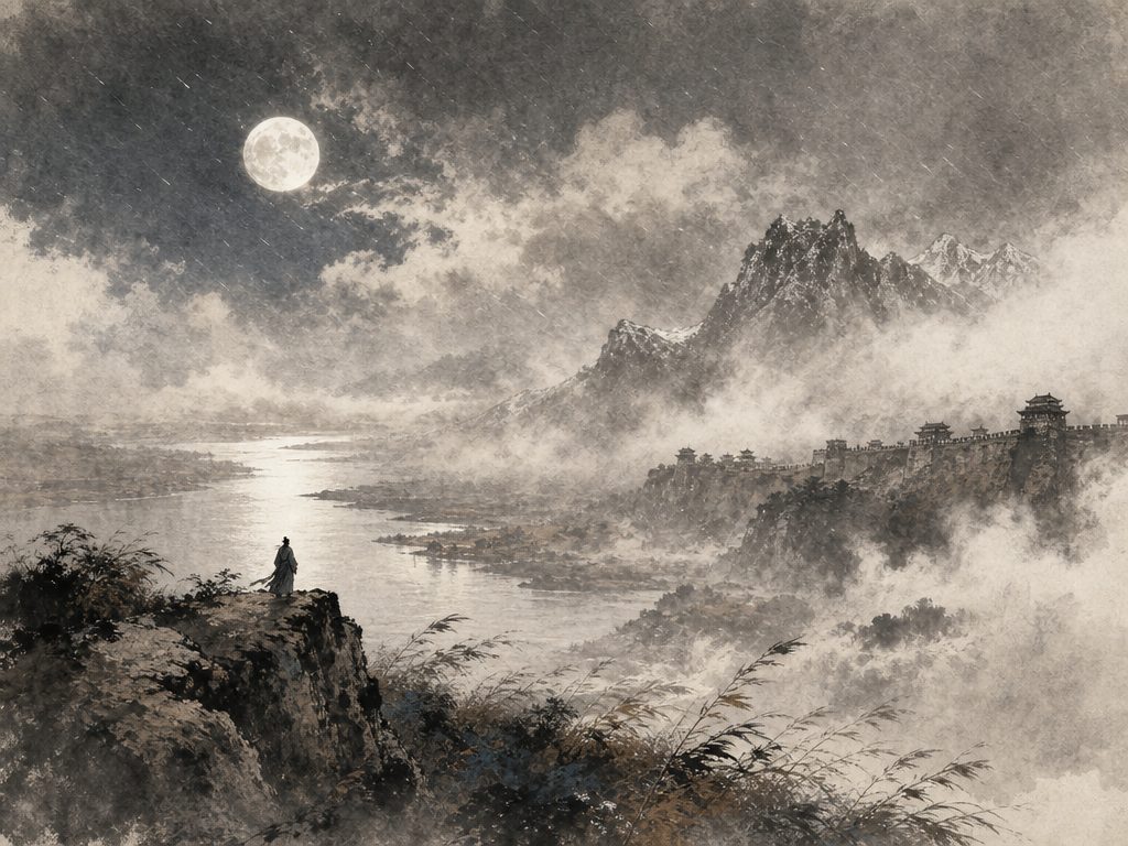 《满江红》水墨写意背景插图：豪放壮阔，雨、云、月、雪。