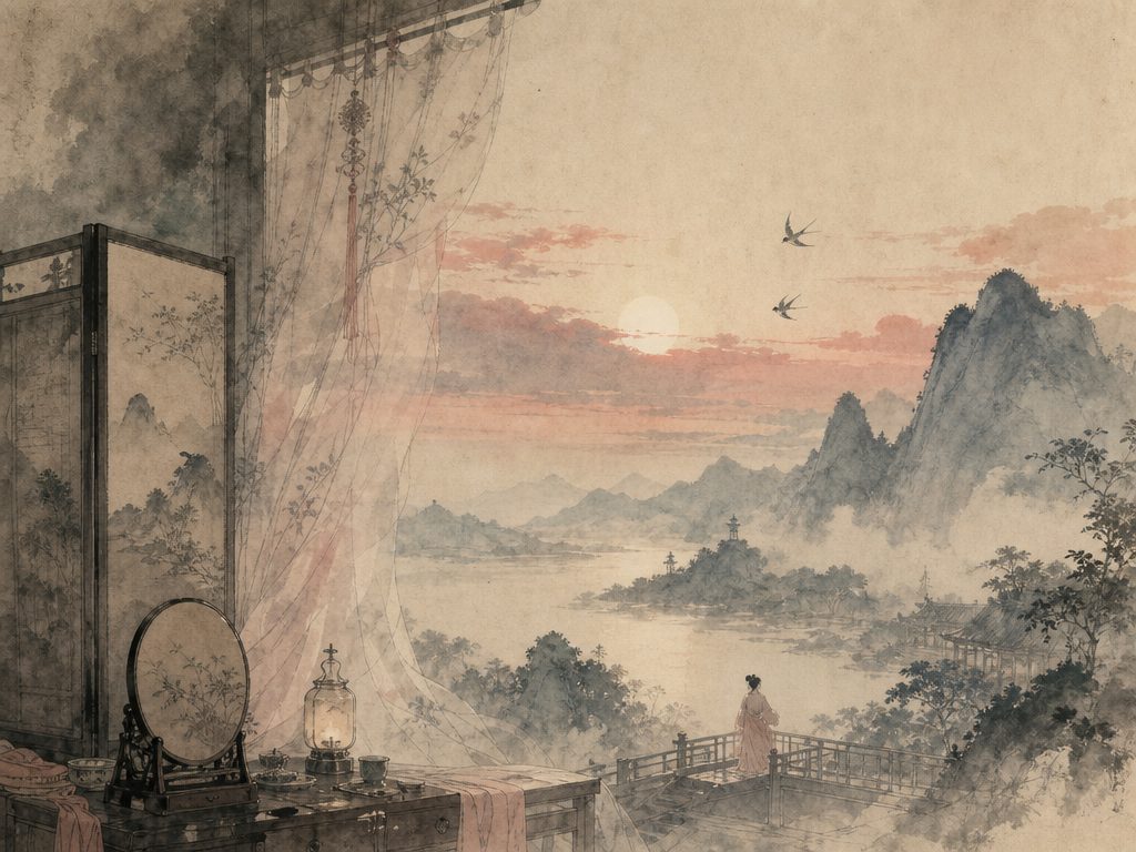《瑞鹤仙》水墨写意背景插图：闺怨相思，霞、屏、峰、燕。