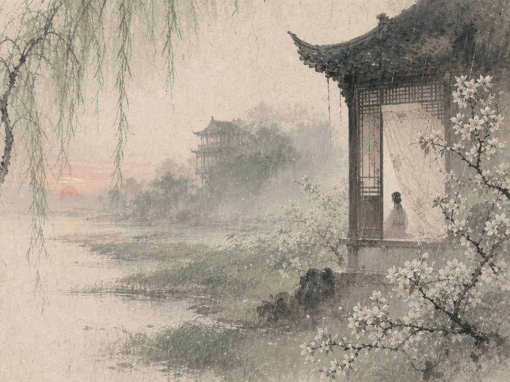 《忆王孙》水墨写意背景插图：婉约柔美，芳草、柳、楼、黄昏。