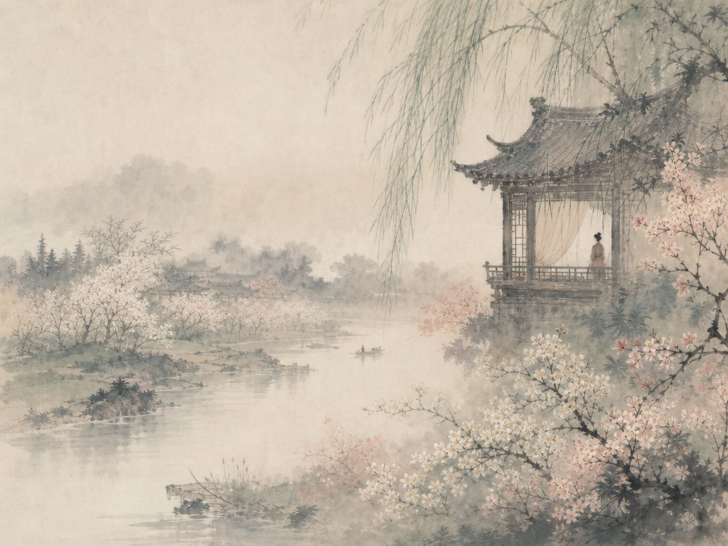 《好事近》水墨写意背景插图：婉约柔美，梨、园、杏花、野。