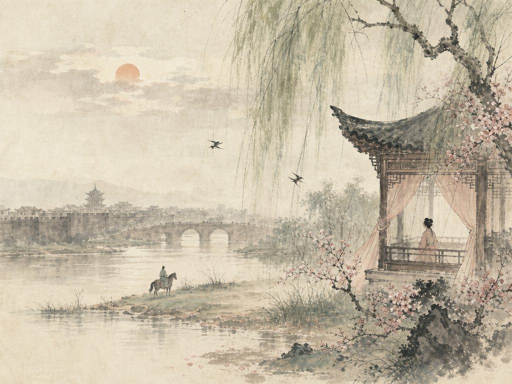 《六州歌头》水墨写意背景插图：婉约柔美，东风、桃、水、岸。