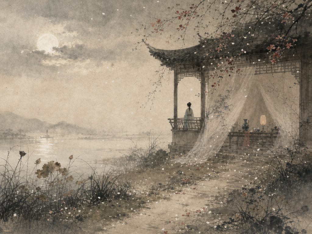 《贺新郎》水墨写意背景插图：伤春悲秋，画堂、芳草、杨花、径。