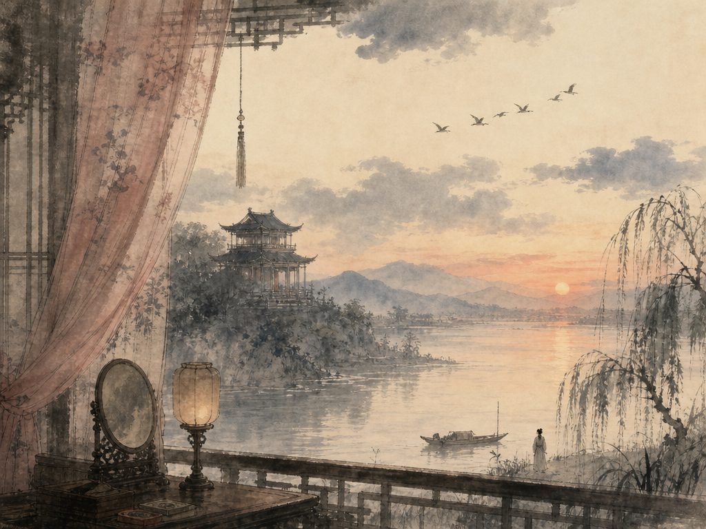 《烛影摇红》水墨写意背景插图：闺怨相思，画楼、云、日、鸿。
