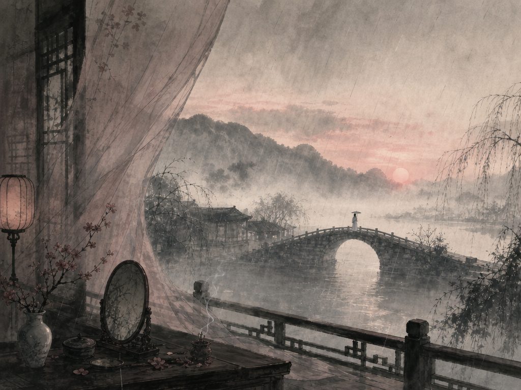 《卜算子》水墨写意背景插图：闺怨相思，桥、黄昏、风、雨。