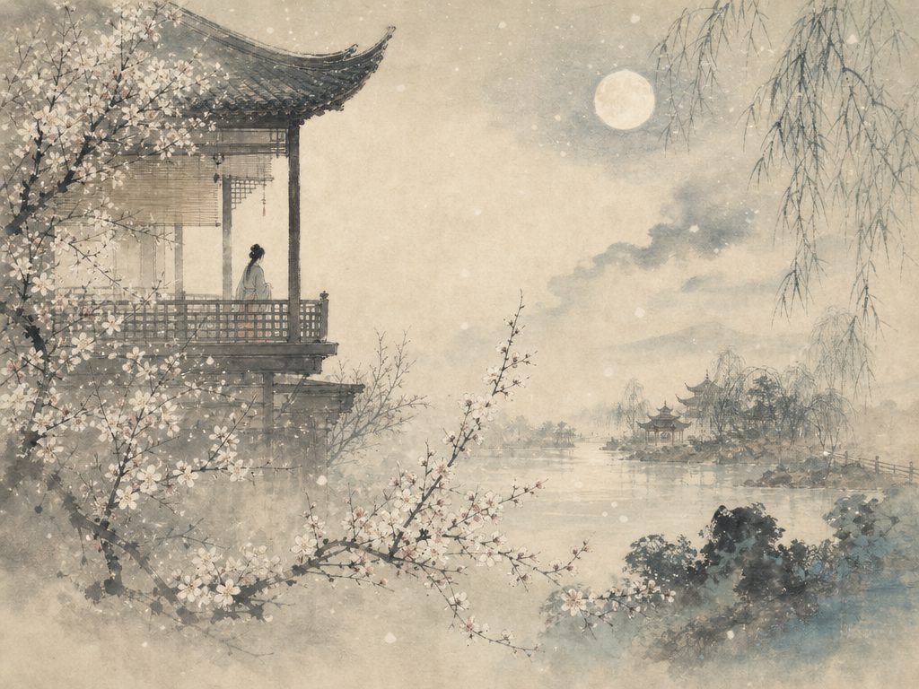 《秦楼月・忆秦娥》水墨写意背景插图：婉约柔美，楼、阑干、月、风。