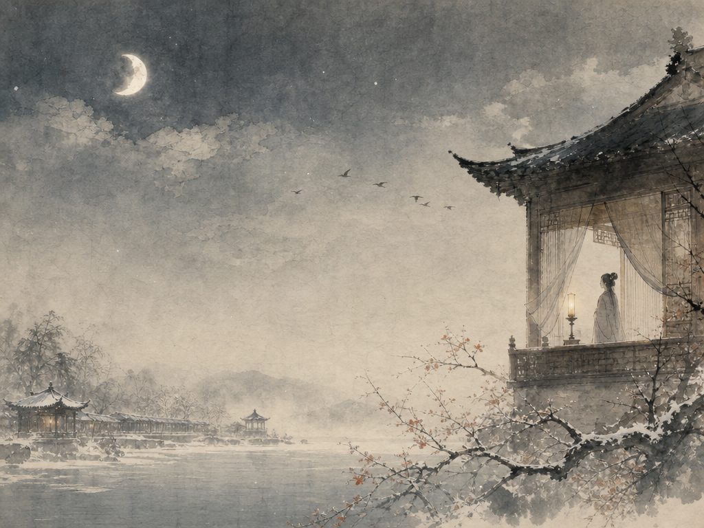 《霜天晓角》水墨写意背景插图：清冷孤寂，风、花、云、雪。