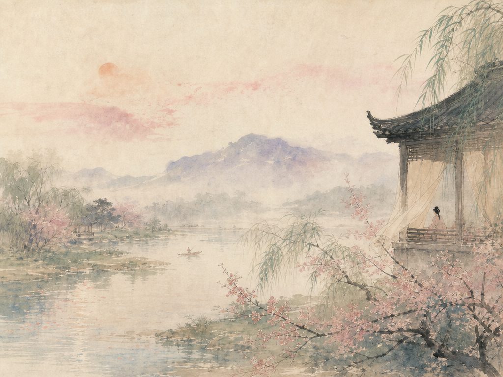 《眼儿媚》水墨写意背景插图：婉约柔美，日、烟、花、水。