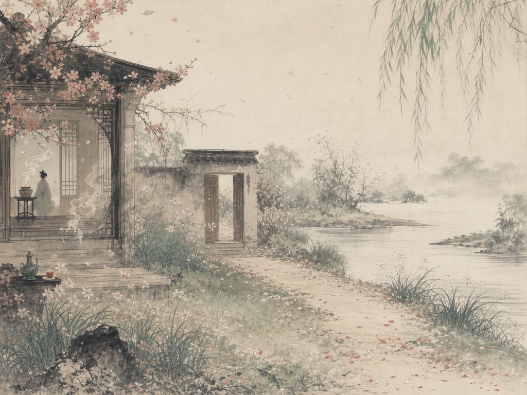 《贺新郎》水墨写意背景插图：婉约柔美，香、画堂、芳草、杨花。