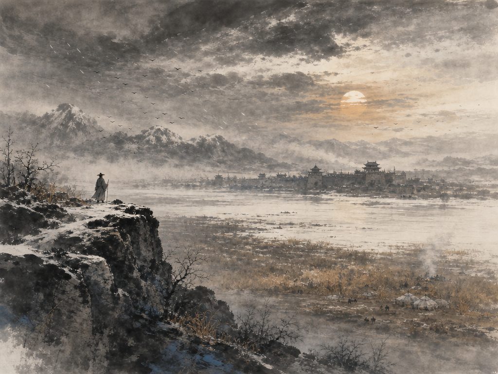 《六州歌头》水墨写意背景插图：豪放壮阔，霜、风、水、落日。