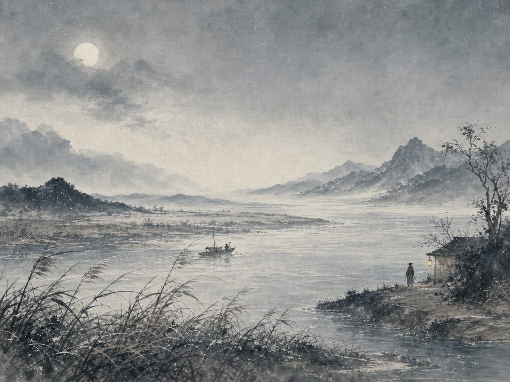 《念奴娇》水墨写意背景插图：清冷孤寂，草、风、田、扁舟。