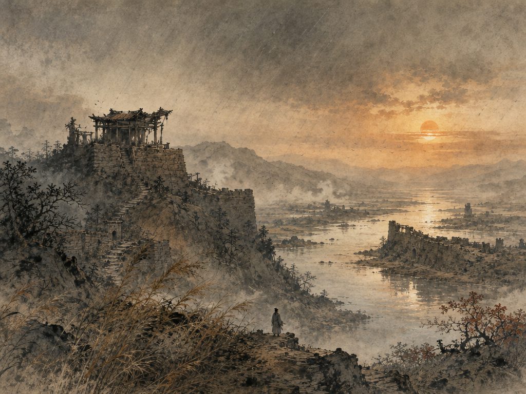 《永遇乐》水墨写意背景插图：怀古伤今，江、山、台、风。