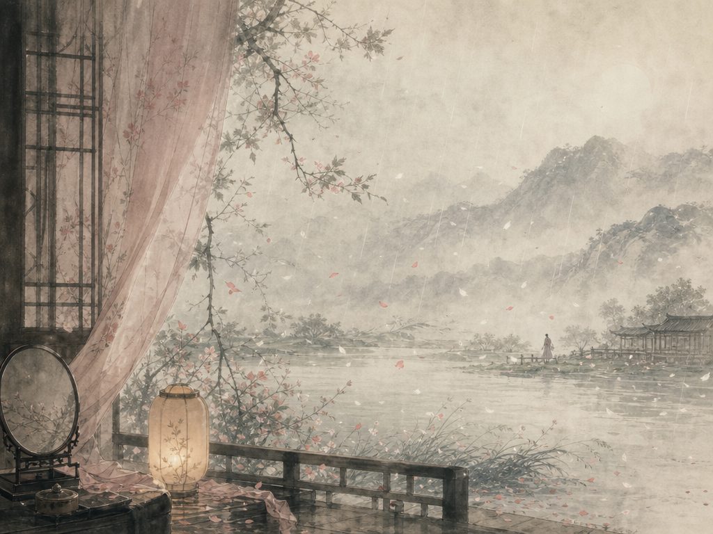 《摸鱼儿》水墨写意背景插图：闺怨相思，风、雨、花、落红。
