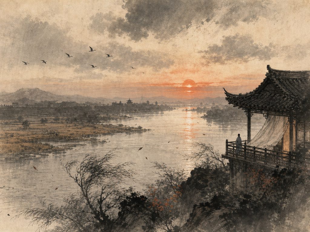 《水龙吟》水墨写意背景插图：豪放壮阔，水、落日、楼、鸿。