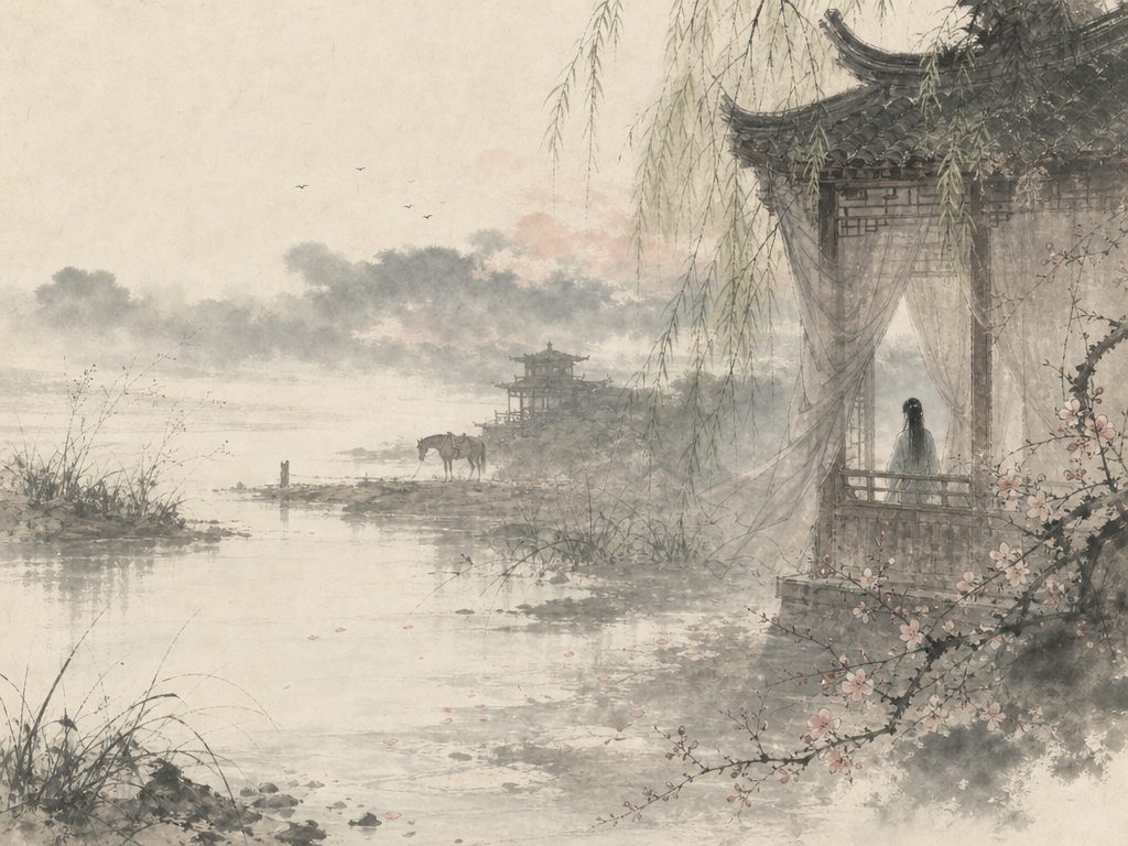 《念奴娇》水墨写意背景插图：婉约柔美，野、花、东风、云。