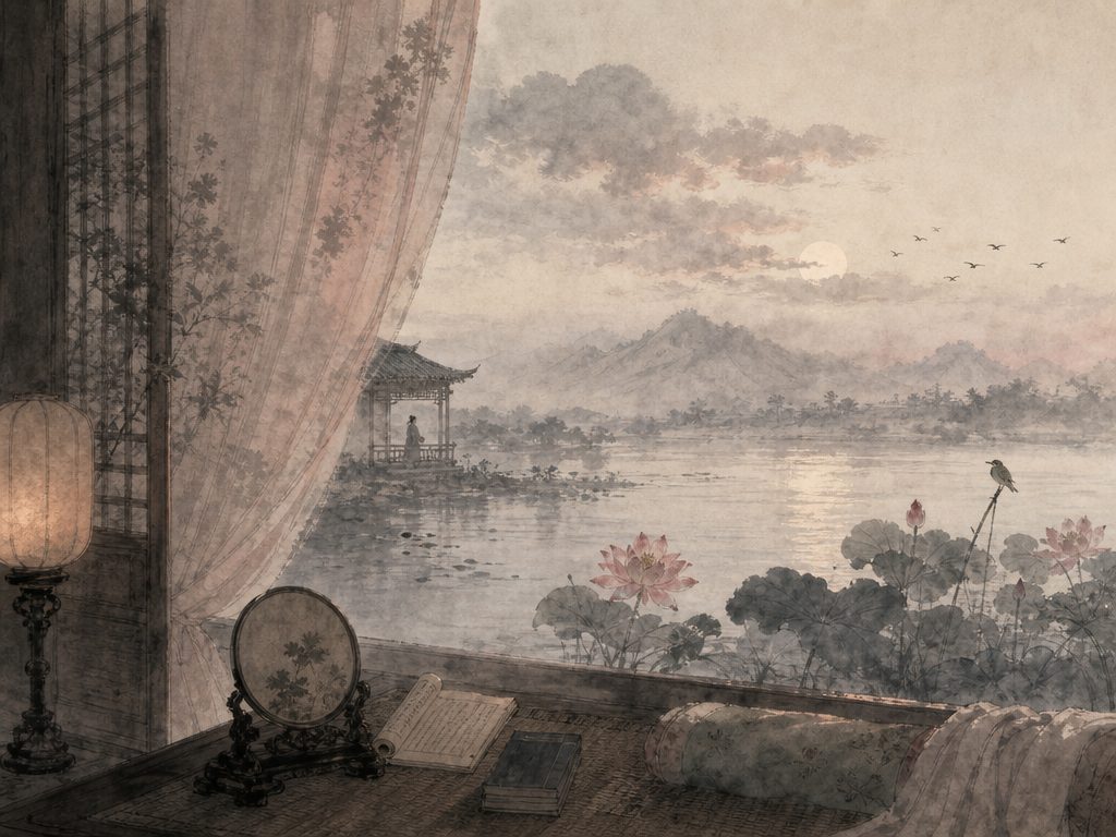 《鹧鸪天》水墨写意背景插图：闺怨相思，溪、云、水、莲。