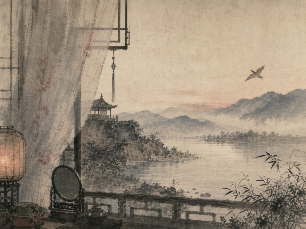 《菩萨蛮》水墨写意背景插图：闺怨相思，台、江、水、青山。