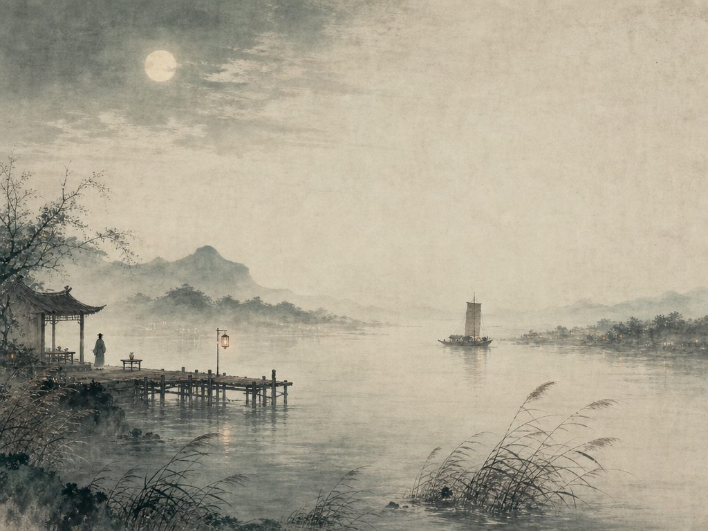 《木兰花慢》水墨写意背景插图：离愁别绪，酒、月、水、西风。