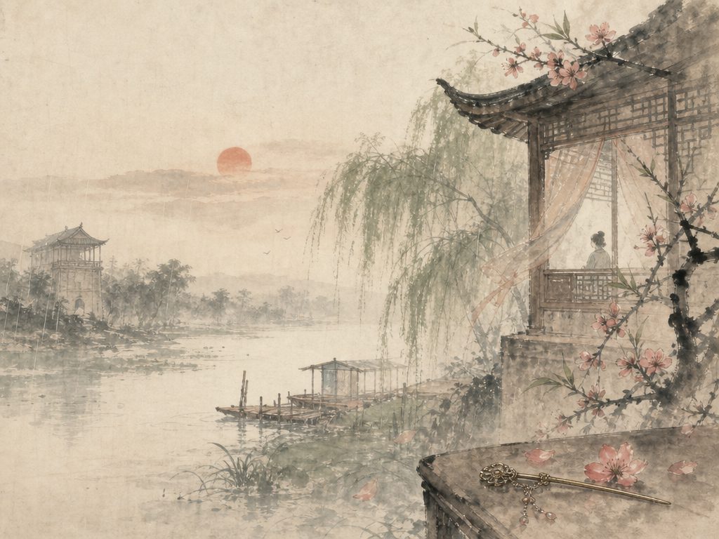 《祝英台令》水墨写意背景插图：婉约柔美，钗、桃、渡、烟柳。