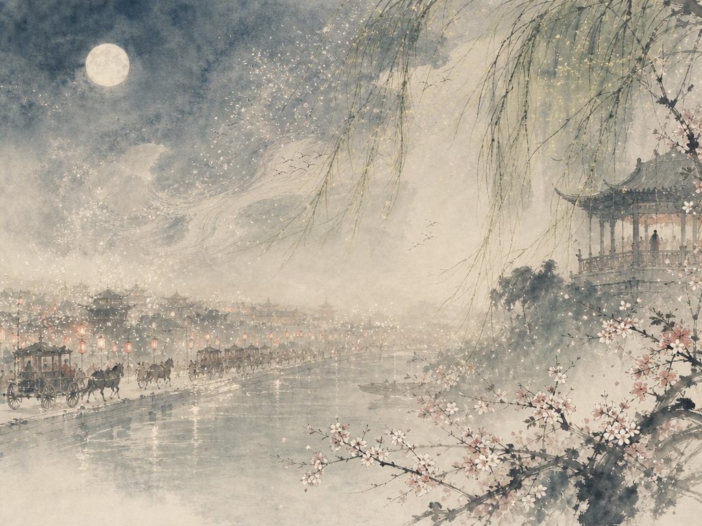 《青玉案》水墨写意背景插图：婉约柔美，东风、花、树、星。