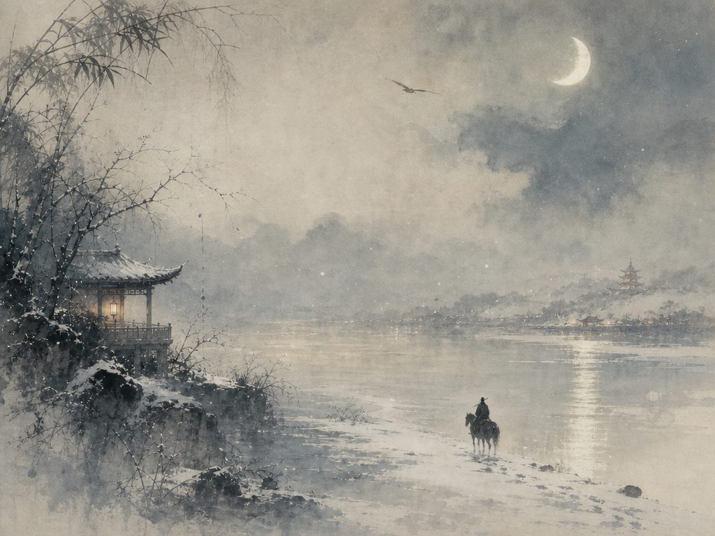 《贺新郎》水墨写意背景插图：清冷孤寂，香、风、月、江。
