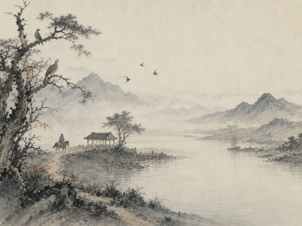 《贺新郎》水墨写意背景插图：离愁别绪，树、鹧鸪、杜鹃、马。