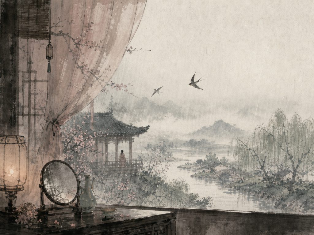 《汉宫春》水墨写意背景插图：闺怨相思，雨、燕、园、酒。